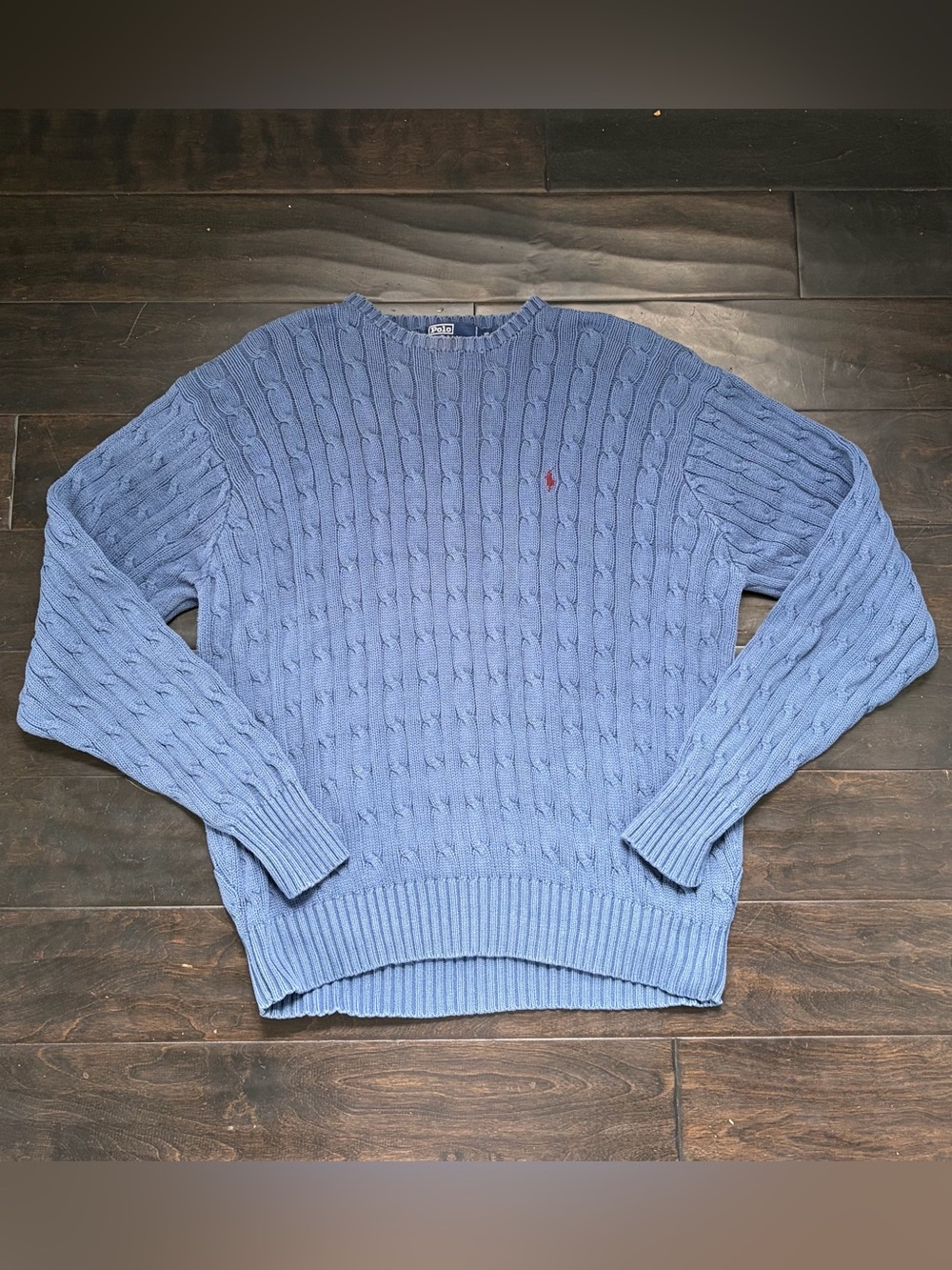 Vintage Polo by Ralph Lauren Cornflower Blue Cable Knit Sweater with Maroon Pony